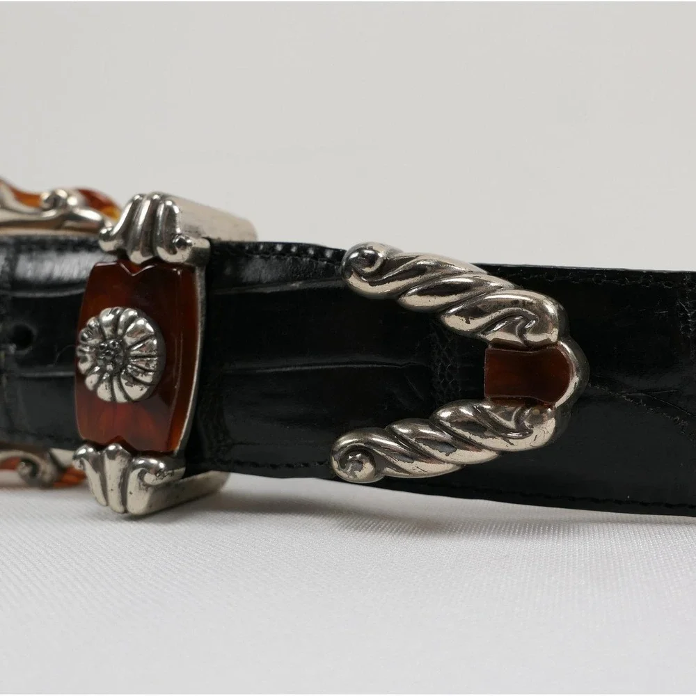 VTG Brighton Black Leather Croc Belt Amber Inlay Embossed Silver Buckle '96 USA